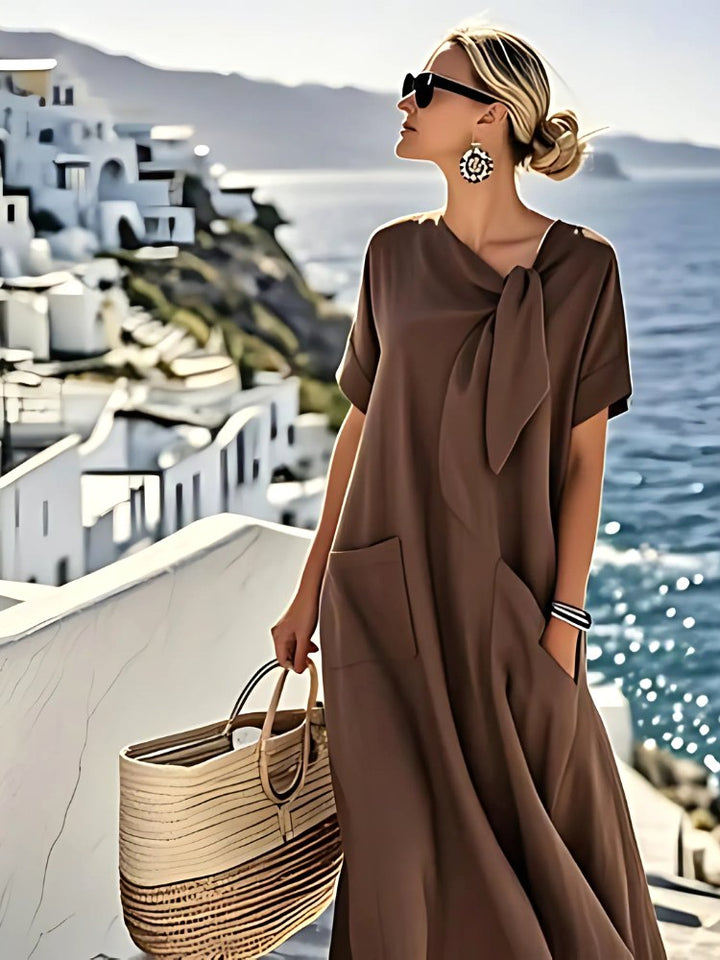 Ella | Women's Casual Midi Dress with Pockets - Brown