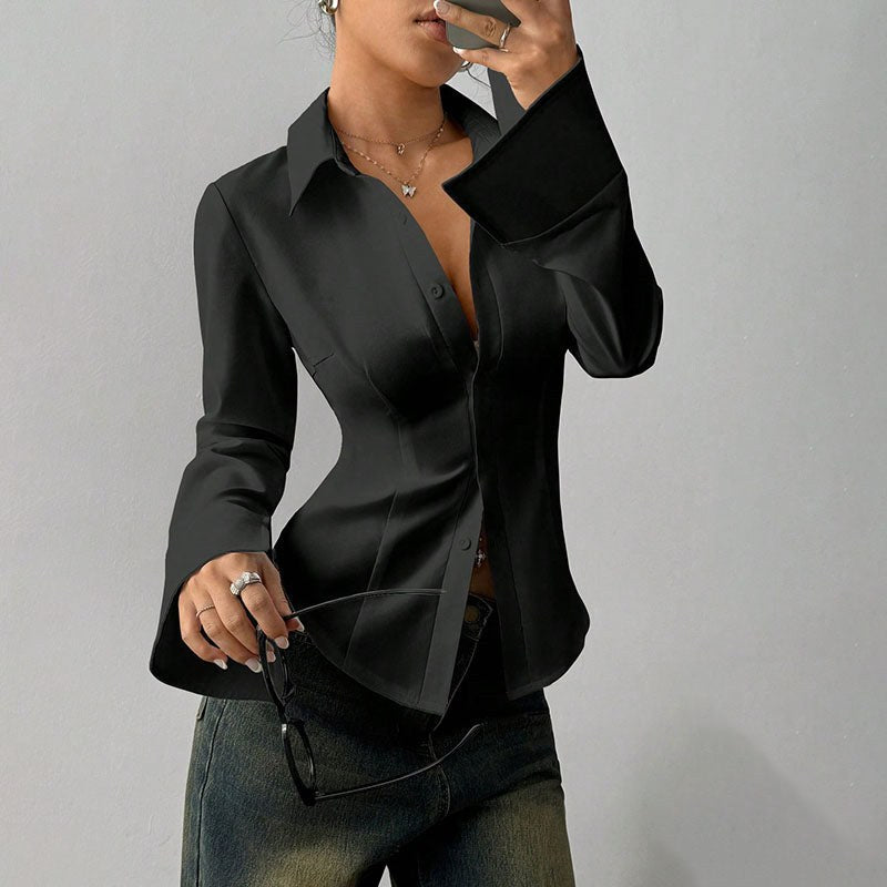 Penelope | Women's Fitted Shirt with Collar and V-Neckline, Long-Sleeve Blouse | Animated Apparel