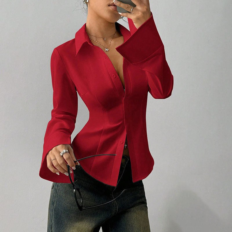 Penelope | Women's Fitted Shirt with Collar and V-Neckline, Long-Sleeve Blouse | Animated Apparel
