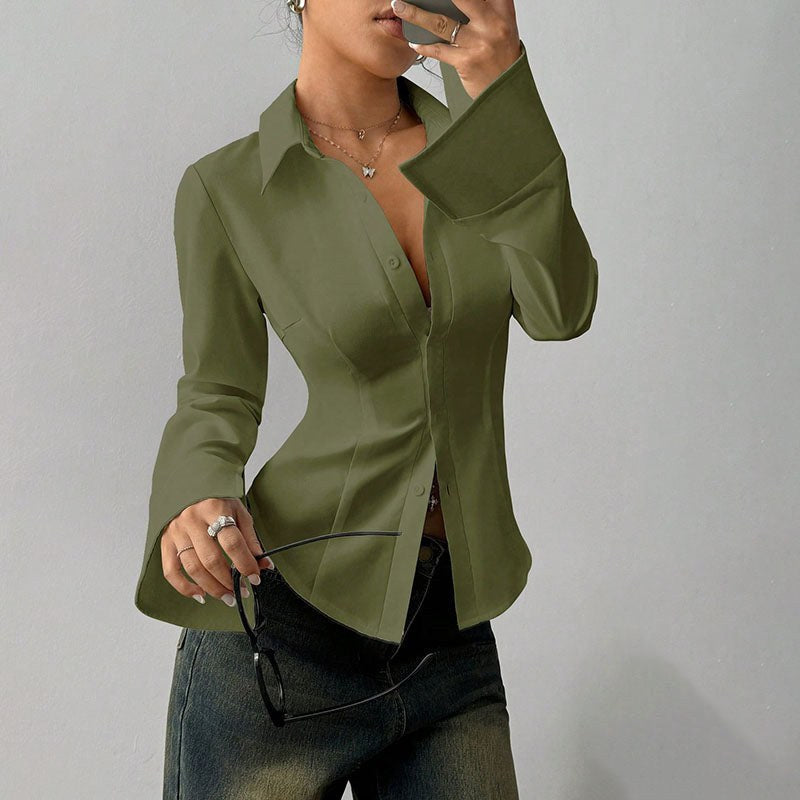 Penelope | Women's Fitted Shirt with Collar and V-Neckline, Long-Sleeve Blouse | Animated Apparel