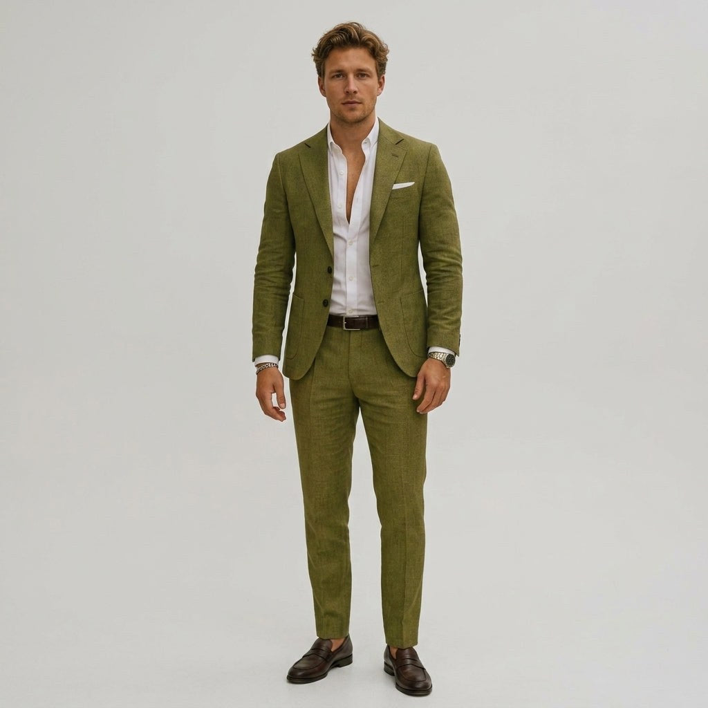 Silas | Men's Slim-Fit Two-Piece Suit, Olive Linen Trouser Suit | Animated Apparel