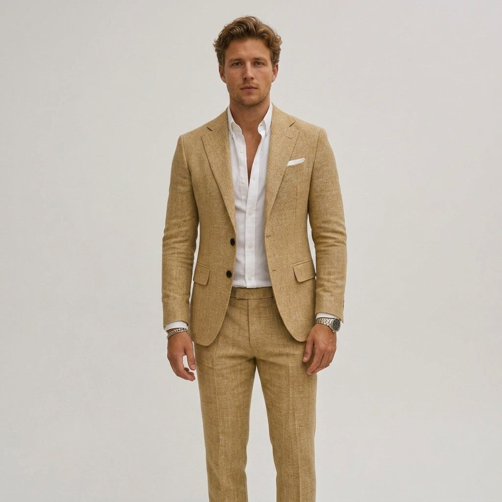 Silas | Men's Slim-Fit Two-Piece Suit, Olive Linen Trouser Suit | Animated Apparel