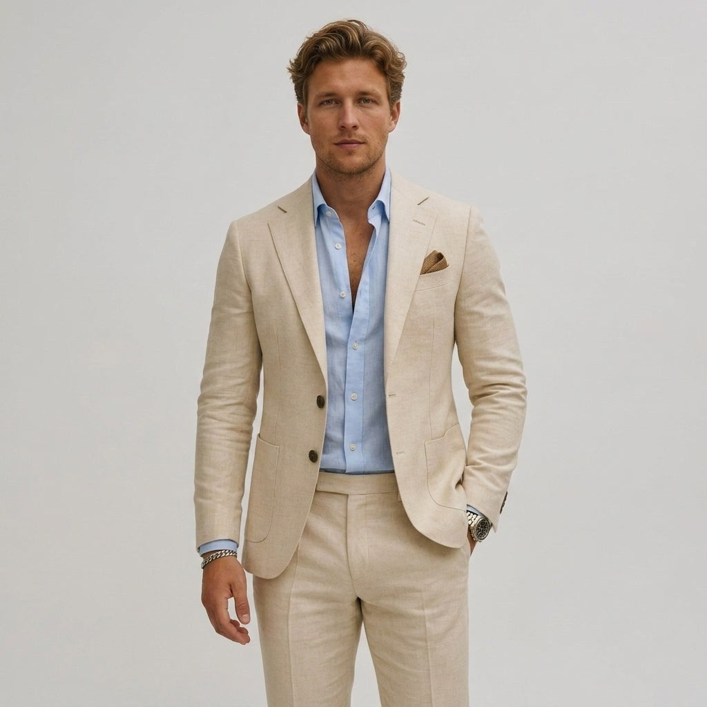 Silas | Men's Slim-Fit Two-Piece Suit, Olive Linen Trouser Suit | Animated Apparel
