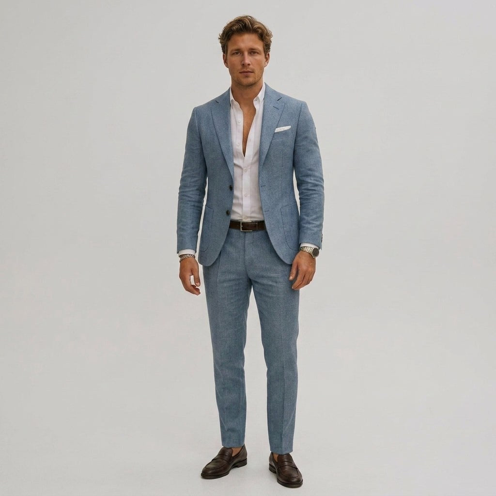 Silas | Men's Slim-Fit Two-Piece Suit, Olive Linen Trouser Suit | Animated Apparel