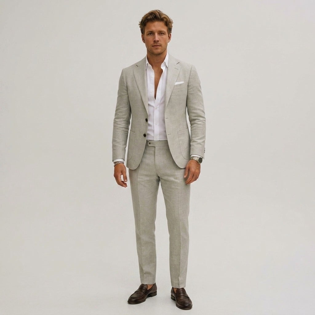 Silas | Men's Slim-Fit Two-Piece Suit, Olive Linen Trouser Suit | Animated Apparel