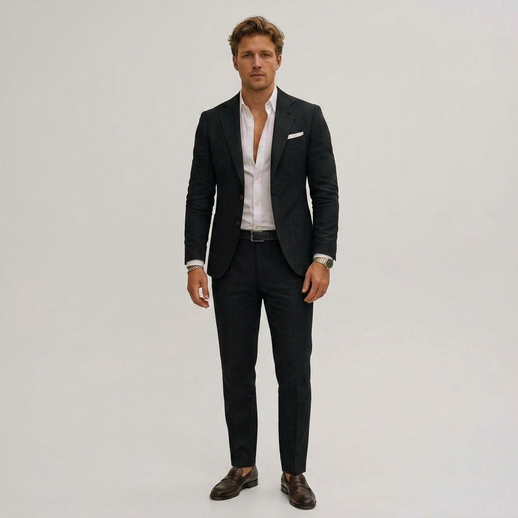 Silas | Men's Slim-Fit Two-Piece Suit, Olive Linen Trouser Suit | Animated Apparel
