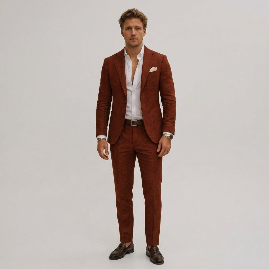 Silas | Men's Slim-Fit Two-Piece Suit, Olive Linen Trouser Suit | Animated Apparel