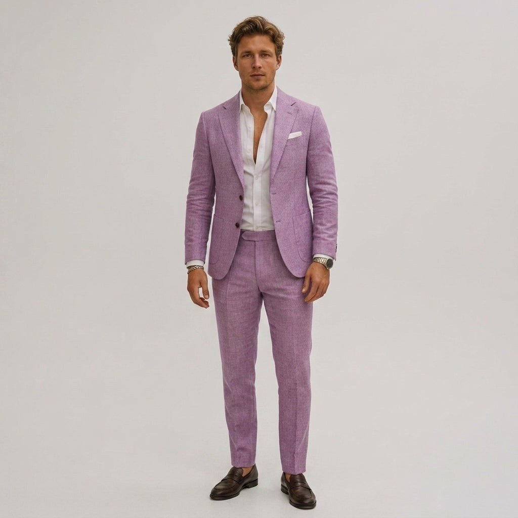 Silas | Men's Slim-Fit Two-Piece Suit, Olive Linen Trouser Suit | Animated Apparel