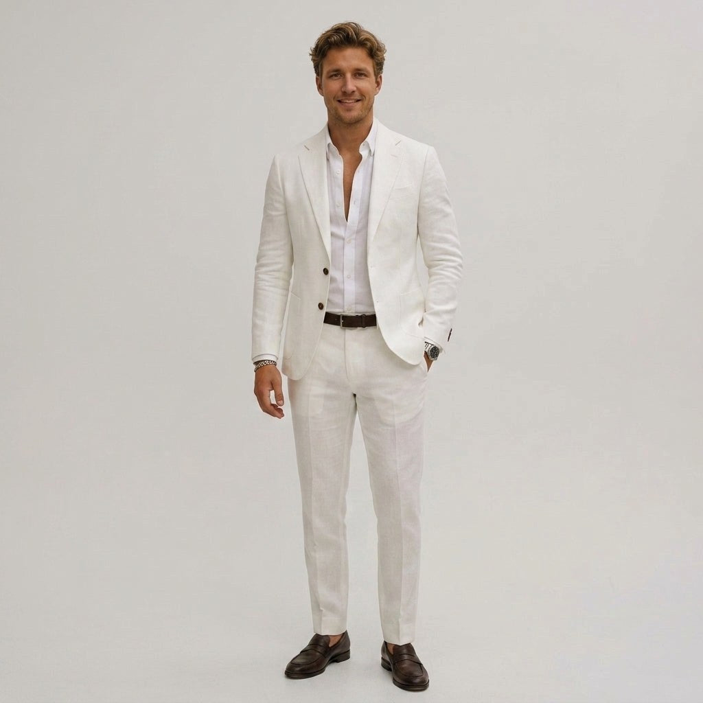 Silas | Men's Slim-Fit Two-Piece Suit, Olive Linen Trouser Suit | Animated Apparel