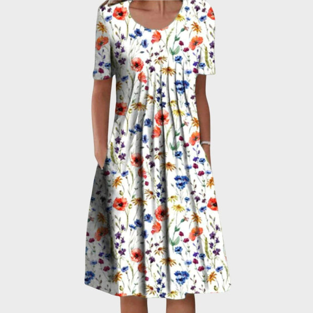 Eloise | Women's Round Neck Floral Midi Dress - Red Flowers