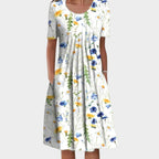 Eloise | Women's Round Neck Floral Midi Dress - Yellow Flowers