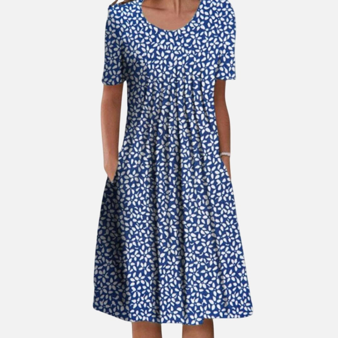 Eloise | Women's Round Neck Floral Midi Dress - Light Blue