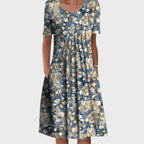 Eloise | Women's Round Neck Floral Midi Dress - Blue