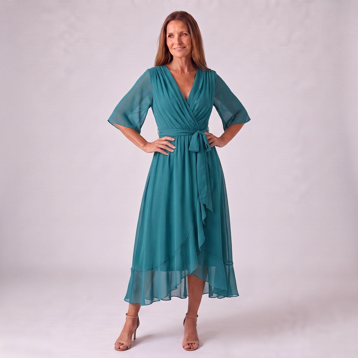 Genesis | Women's Wrap Midi Dress with V-Neckline, Half-Length Sleeve Occasion Dress | Animated Apparel | Orange