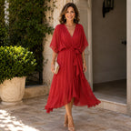 Genesis | Women's Wrap Midi Dress with V-Neckline, Half-Length Sleeve Occasion Dress | Animated Apparel