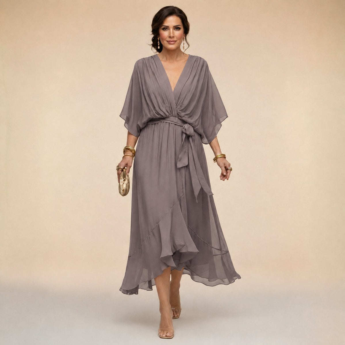 Genesis | Women's Wrap Midi Dress with V-Neckline, Half-Length Sleeve Occasion Dress | Animated Apparel