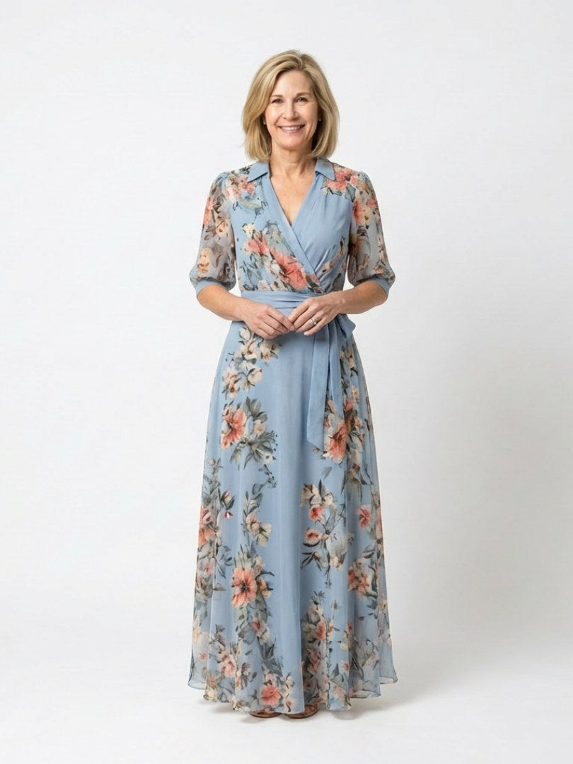 Elowen | Women's Floral Wrap V-Neck Maxi Dress - Floral