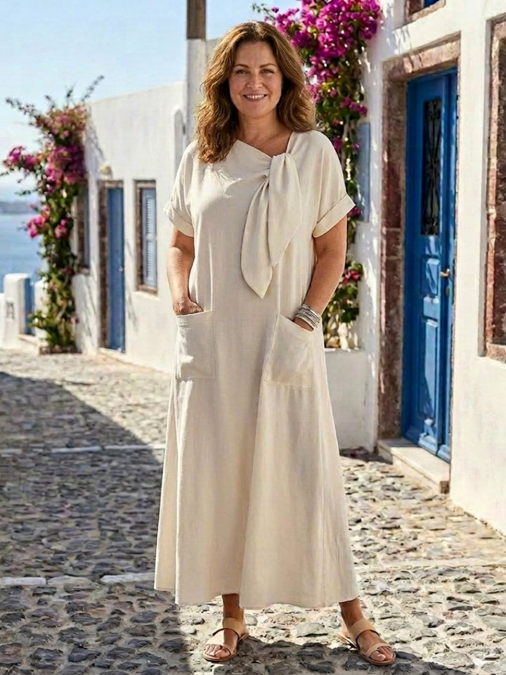 Elowyn | Women's Round Neck Short Sleeve Pocket Maxi Dress - Beige