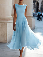 Elsie | Women's Pleated Midi Dress with Draped Neckline, Structured Midi Dress | Animated Apparel