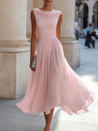 Elsie | Women's Pleated Midi Dress with Draped Neckline, Structured Midi Dress | Animated Apparel
