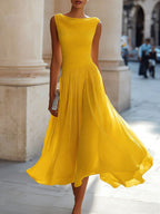 Elsie | Women's Pleated Midi Dress with Draped Neckline, Structured Midi Dress | Animated Apparel
