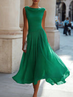 Elsie | Women's Pleated Midi Dress with Draped Neckline, Structured Midi Dress | Animated Apparel