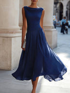 Elsie | Women's Pleated Midi Dress with Draped Neckline, Structured Midi Dress | Animated Apparel