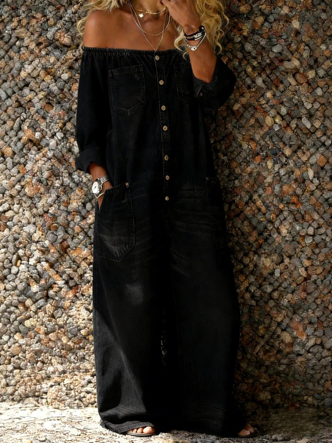 Emery | Women's Off-Shoulder Denim Jumpsuit - Black