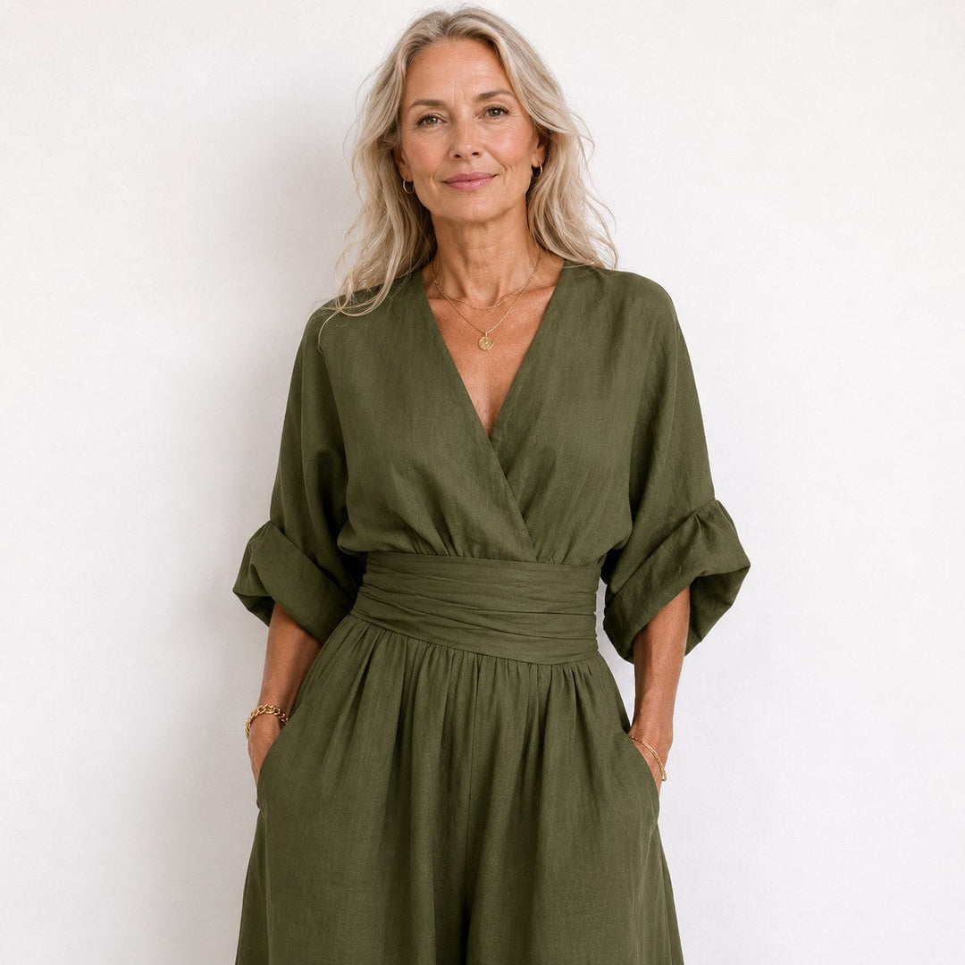 Emilie | Women's Wide-Leg Linen Jumpsuit, Cinched-Waist Jumpsuit | Animated Apparel