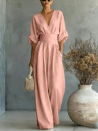 Emilie | Women's Wide-Leg Linen Jumpsuit, Cinched-Waist Jumpsuit | Animated Apparel