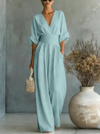 Emilie | Women's Wide-Leg Linen Jumpsuit, Cinched-Waist Jumpsuit | Animated Apparel