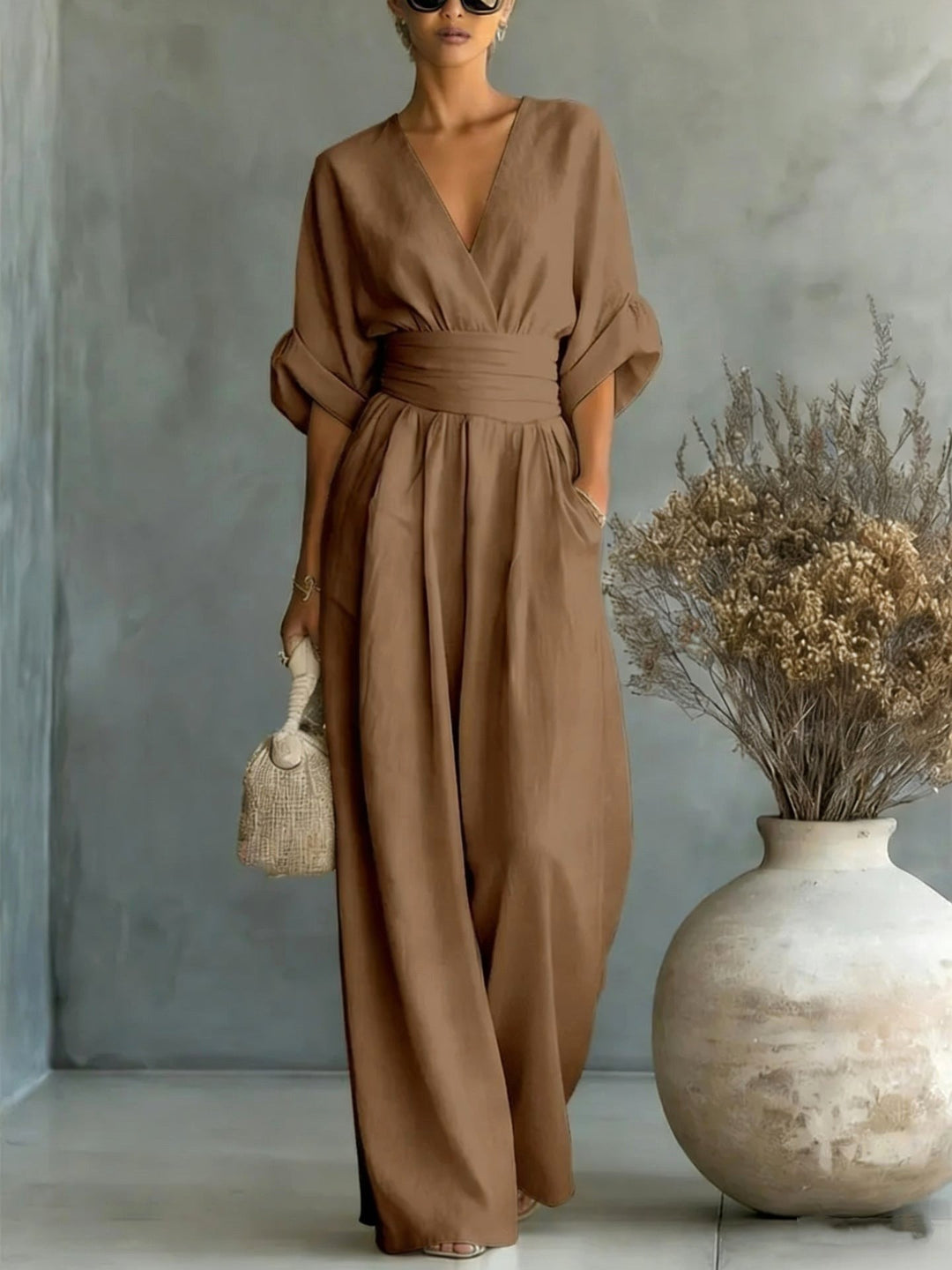 Emilie | Women's Wide-Leg Linen Jumpsuit, Cinched-Waist Jumpsuit | Animated Apparel