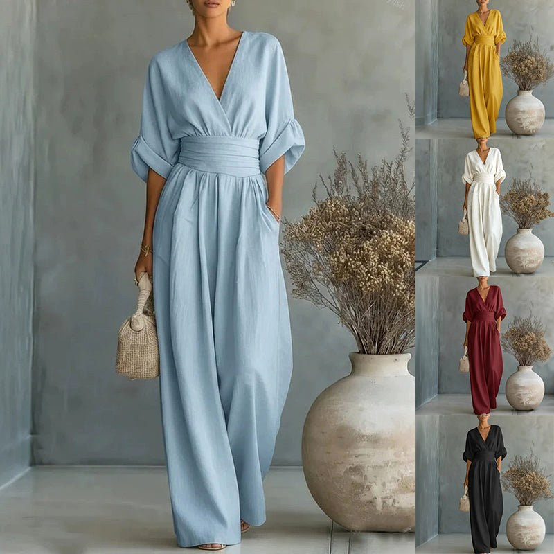 Emilie | Women's Wide-Leg Linen Jumpsuit, Cinched-Waist Jumpsuit | Animated Apparel