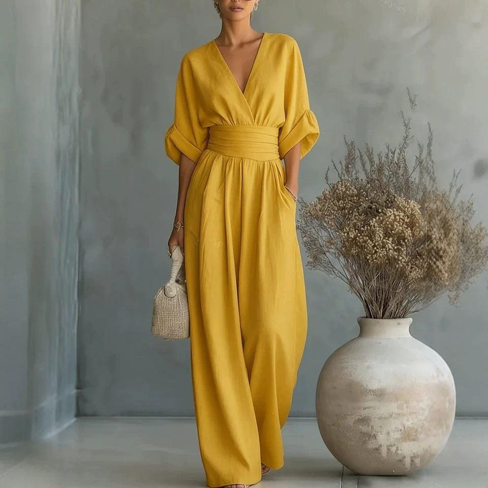 Emilie | Women's Wide-Leg Linen Jumpsuit, Cinched-Waist Jumpsuit | Animated Apparel