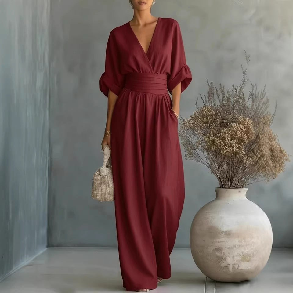 Emilie | Women's Wide-Leg Linen Jumpsuit, Cinched-Waist Jumpsuit | Animated Apparel