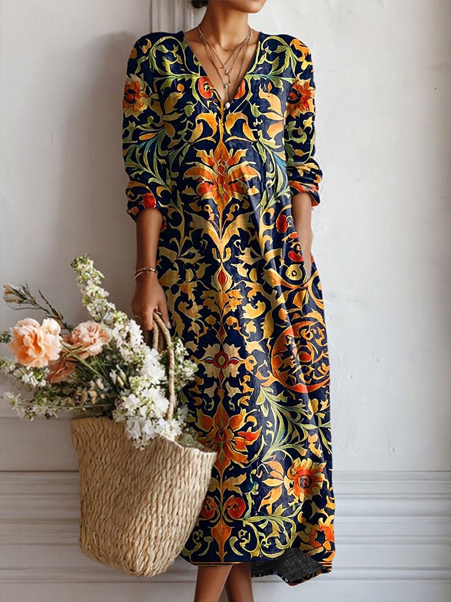 Emma | Women's Navy Boho Baroque V-Neck Midi Dress - image 1