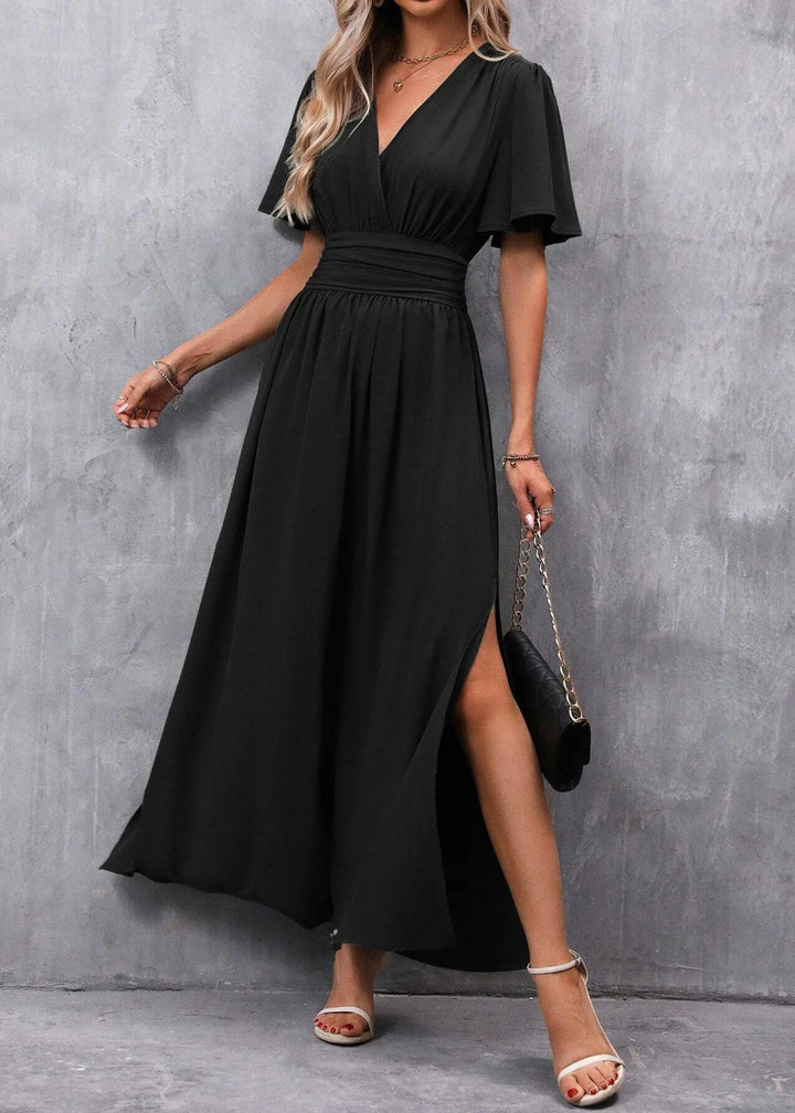 Emma | Women's V-Neck Maxi Dress with Side Slit - Zwart