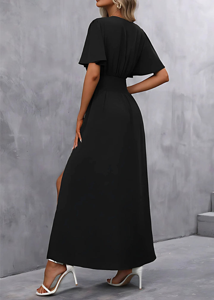 Emma | Women's V-Neck Maxi Dress with Side Slit - Donkerrood