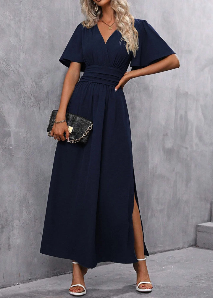 Emma | Women's V-Neck Maxi Dress with Side Slit - Blauw