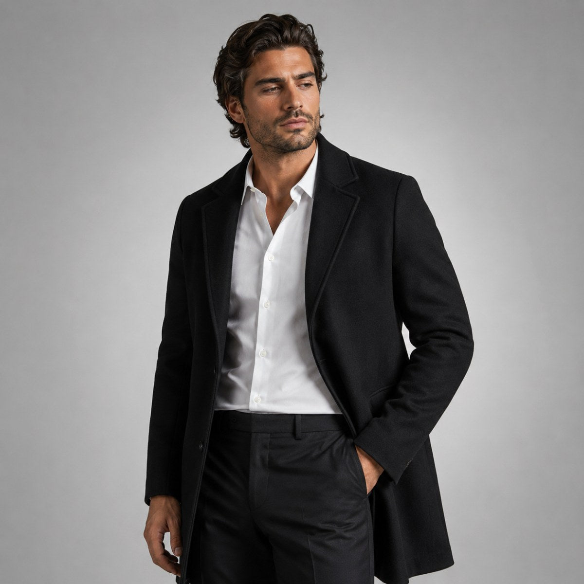 Emmett | Men's Wool-Cashmere Mid-Length Coat, Tailored Autumn Coat | Animated Apparel | Grey