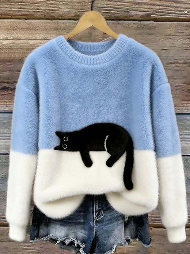Estelle | Women's Cat Motif Wool-Mix Knit Jumper, Charming Everyday Sweater | Animated Apparel