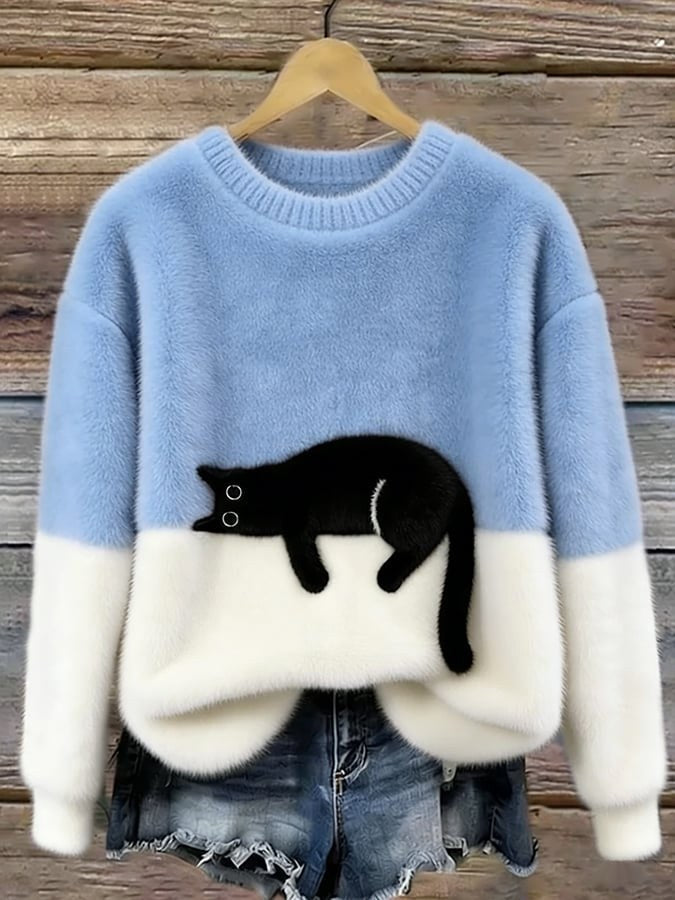Estelle | Women's Cat Motif Wool-Mix Knit Jumper, Charming Everyday Sweater | Animated Apparel