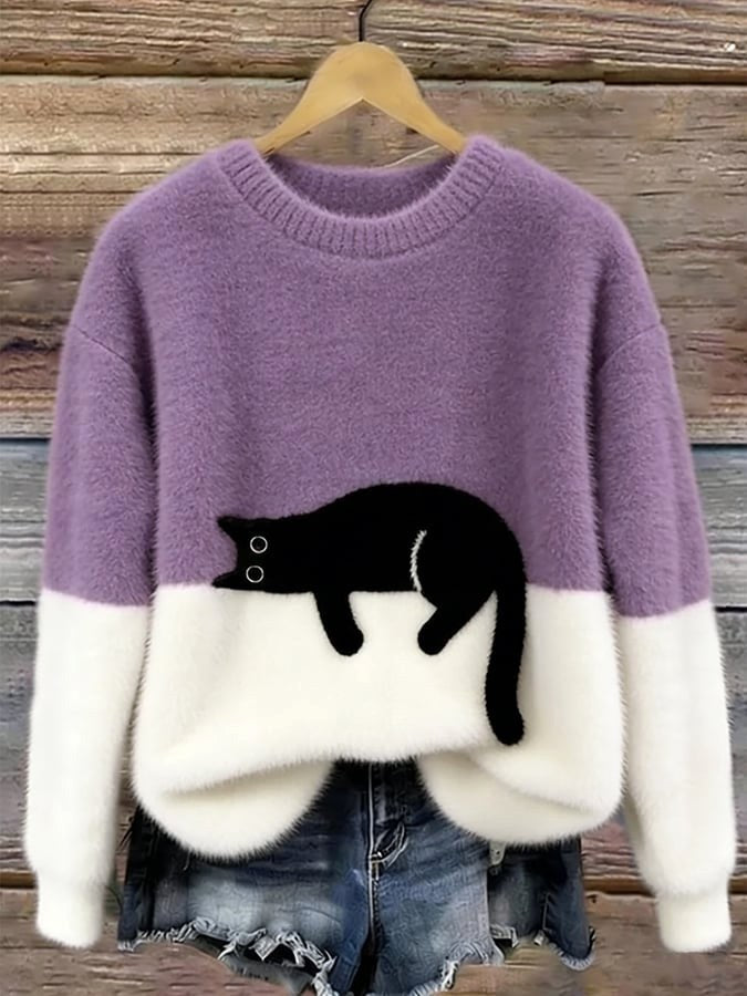 Estelle | Women's Cat Motif Wool-Mix Knit Jumper, Charming Everyday Sweater | Animated Apparel