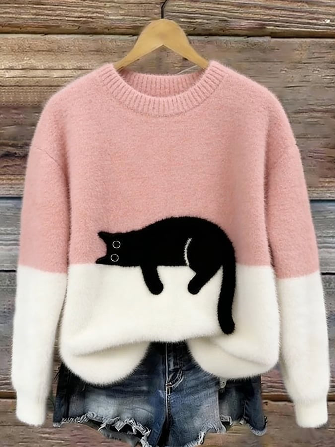 Estelle | Women's Cat Motif Wool-Mix Knit Jumper, Charming Everyday Sweater | Animated Apparel