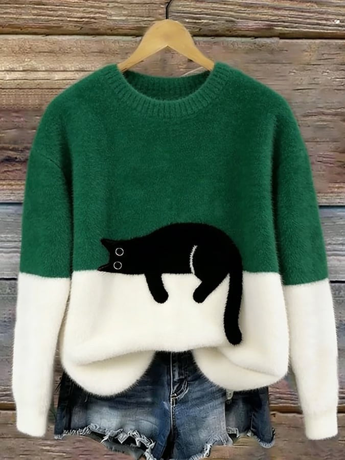 Estelle | Women's Cat Motif Wool-Mix Knit Jumper, Charming Everyday Sweater | Animated Apparel