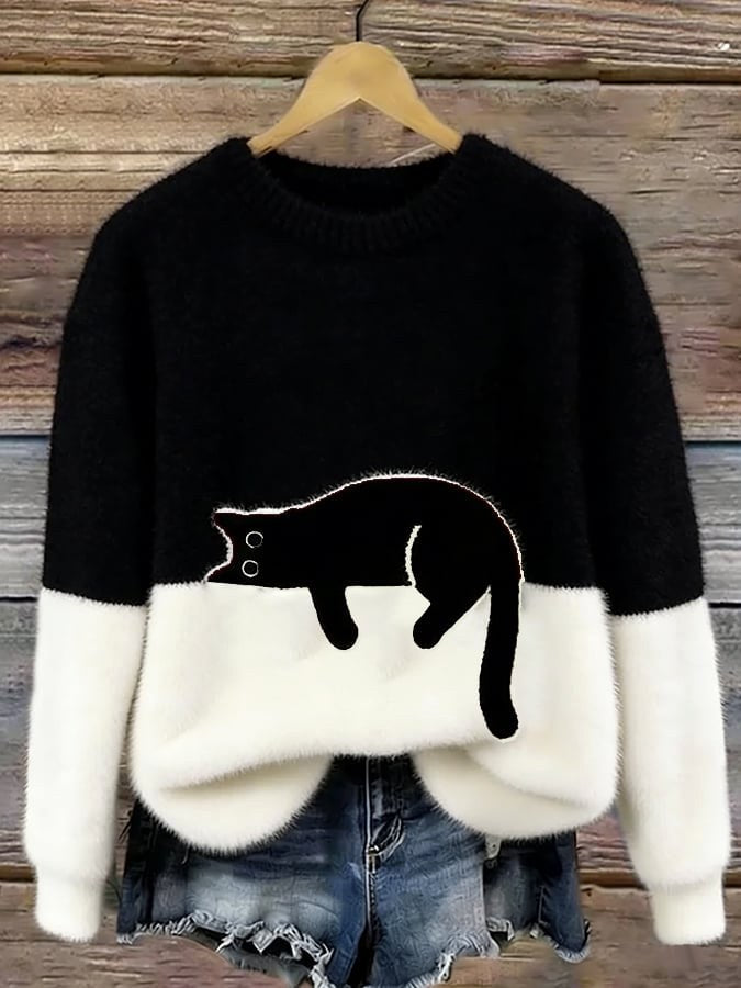Estelle | Women's Cat Motif Wool-Mix Knit Jumper, Charming Everyday Sweater | Animated Apparel