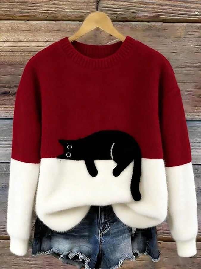 Estelle | Women's Cat Motif Wool-Mix Knit Jumper, Charming Everyday Sweater | Animated Apparel