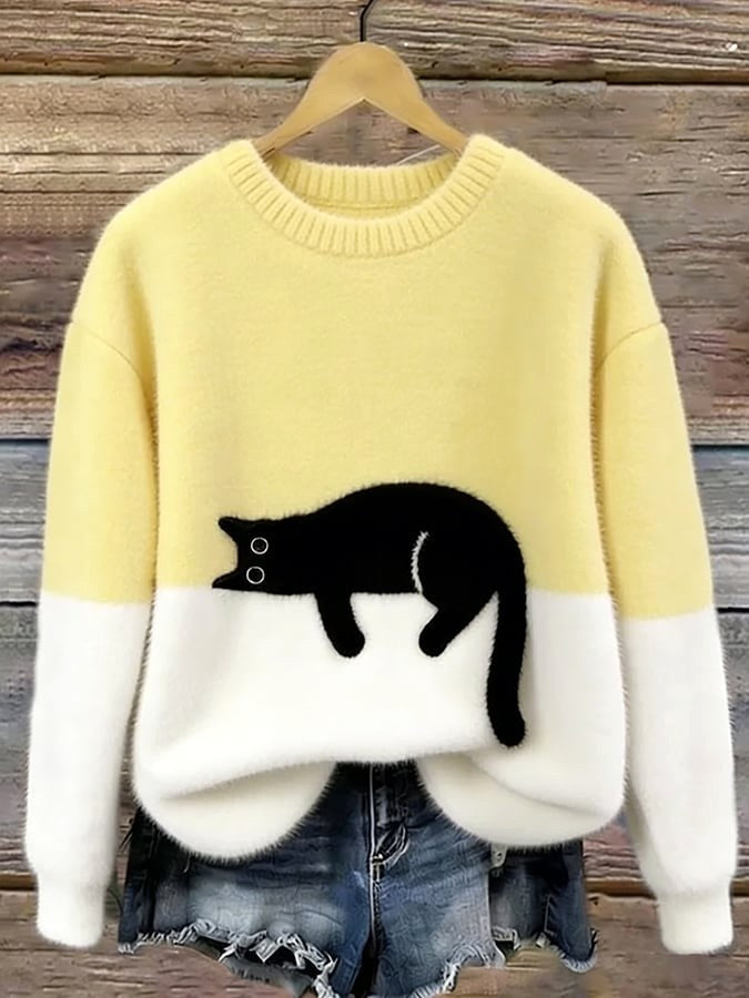 Estelle | Women's Cat Motif Wool-Mix Knit Jumper, Charming Everyday Sweater | Animated Apparel