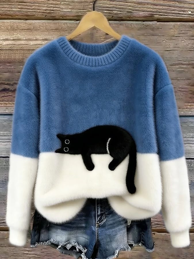 Estelle | Women's Cat Motif Wool-Mix Knit Jumper, Charming Everyday Sweater | Animated Apparel