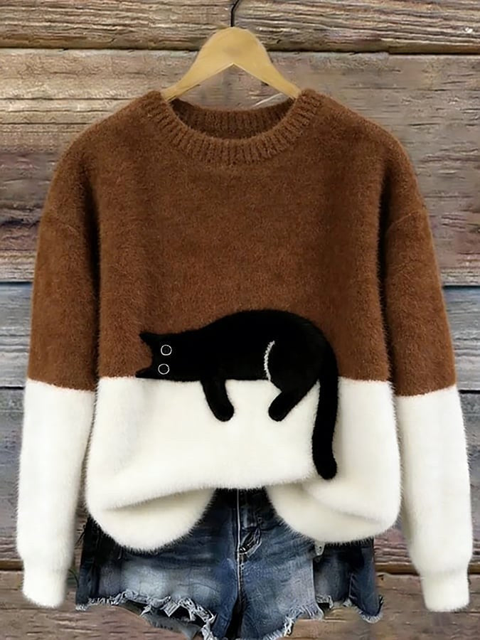 Estelle | Women's Cat Motif Wool-Mix Knit Jumper, Charming Everyday Sweater | Animated Apparel